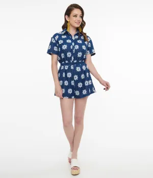 1970s Blue & White Daisy Flower Print Romper