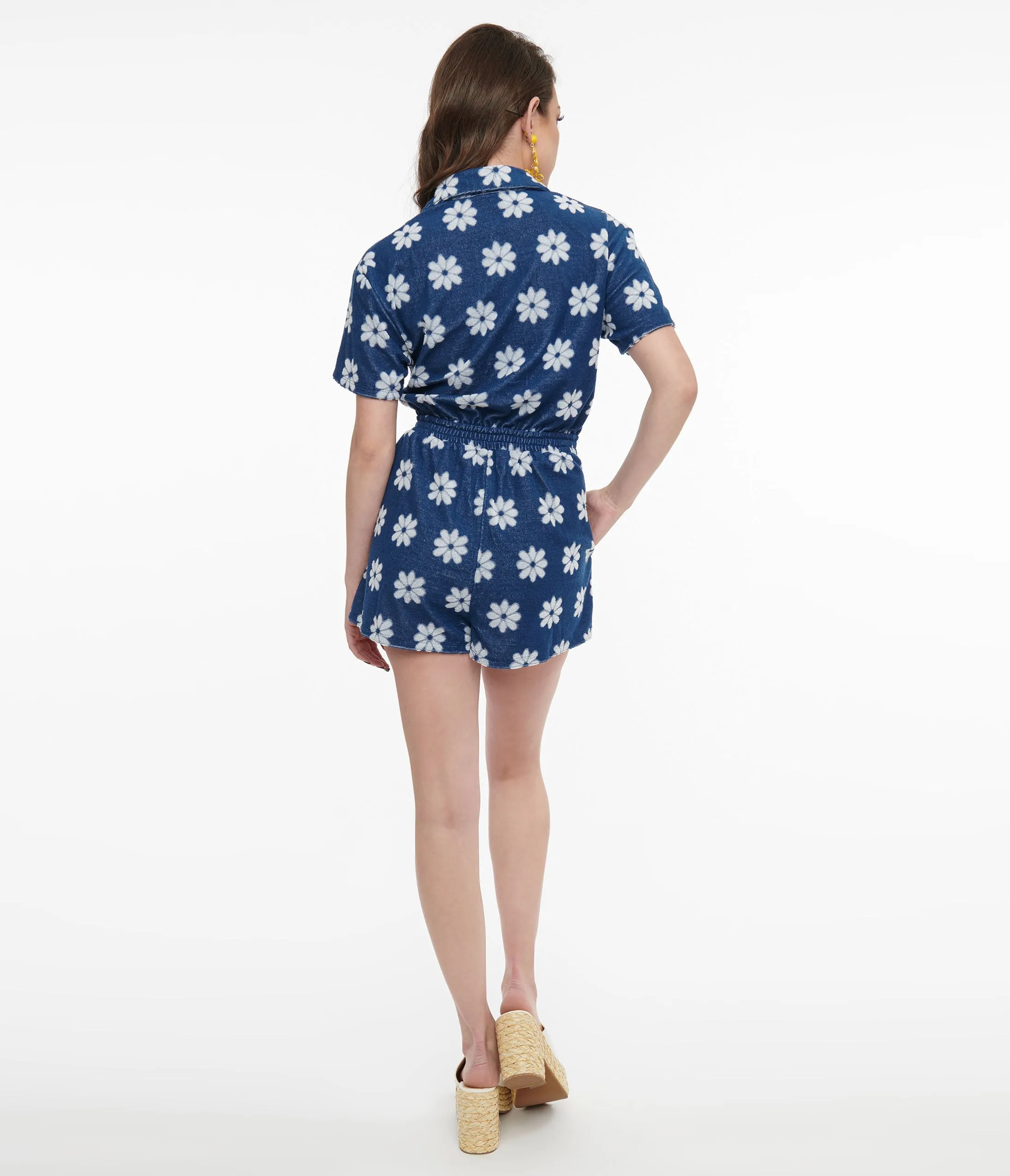 1970s Blue & White Daisy Flower Print Romper