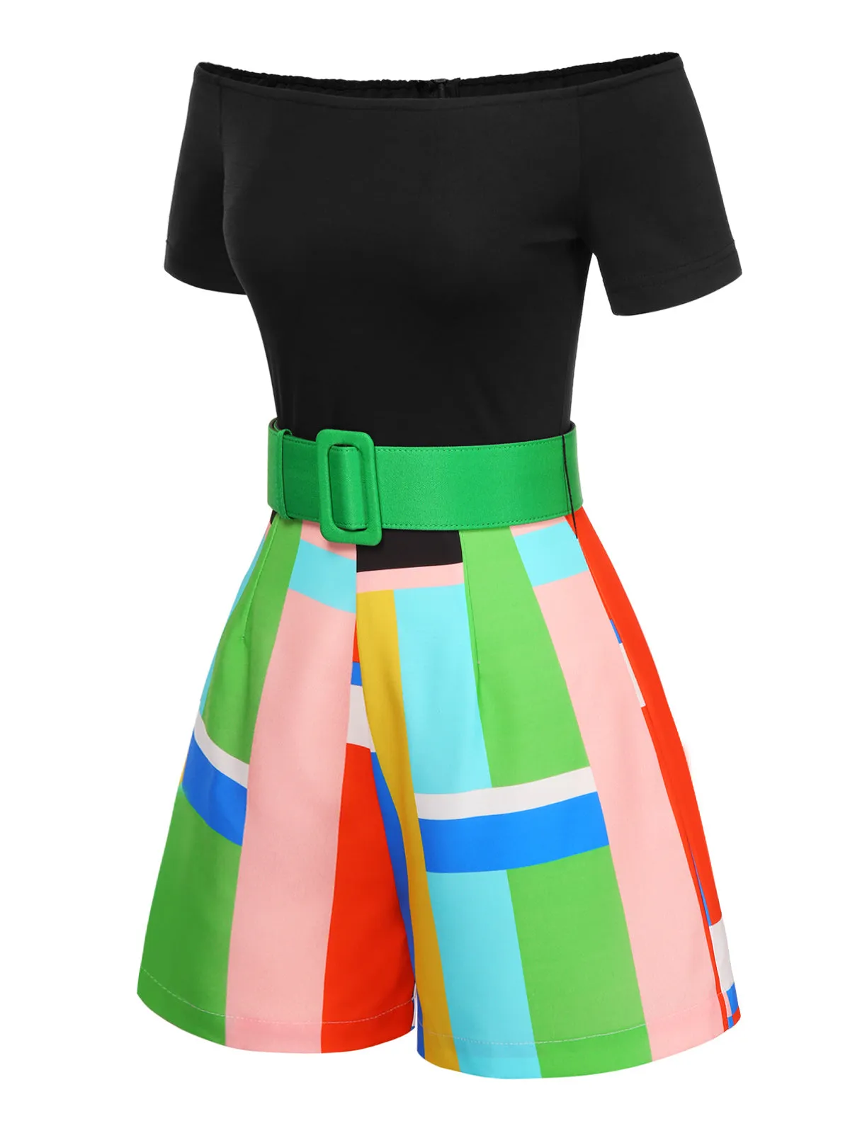 1980s Off-Shoulder Geometric Colorblock Belted Romper