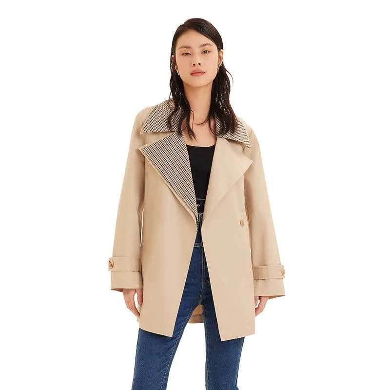 Beige Removable Double Plaid Collar Tench Coat