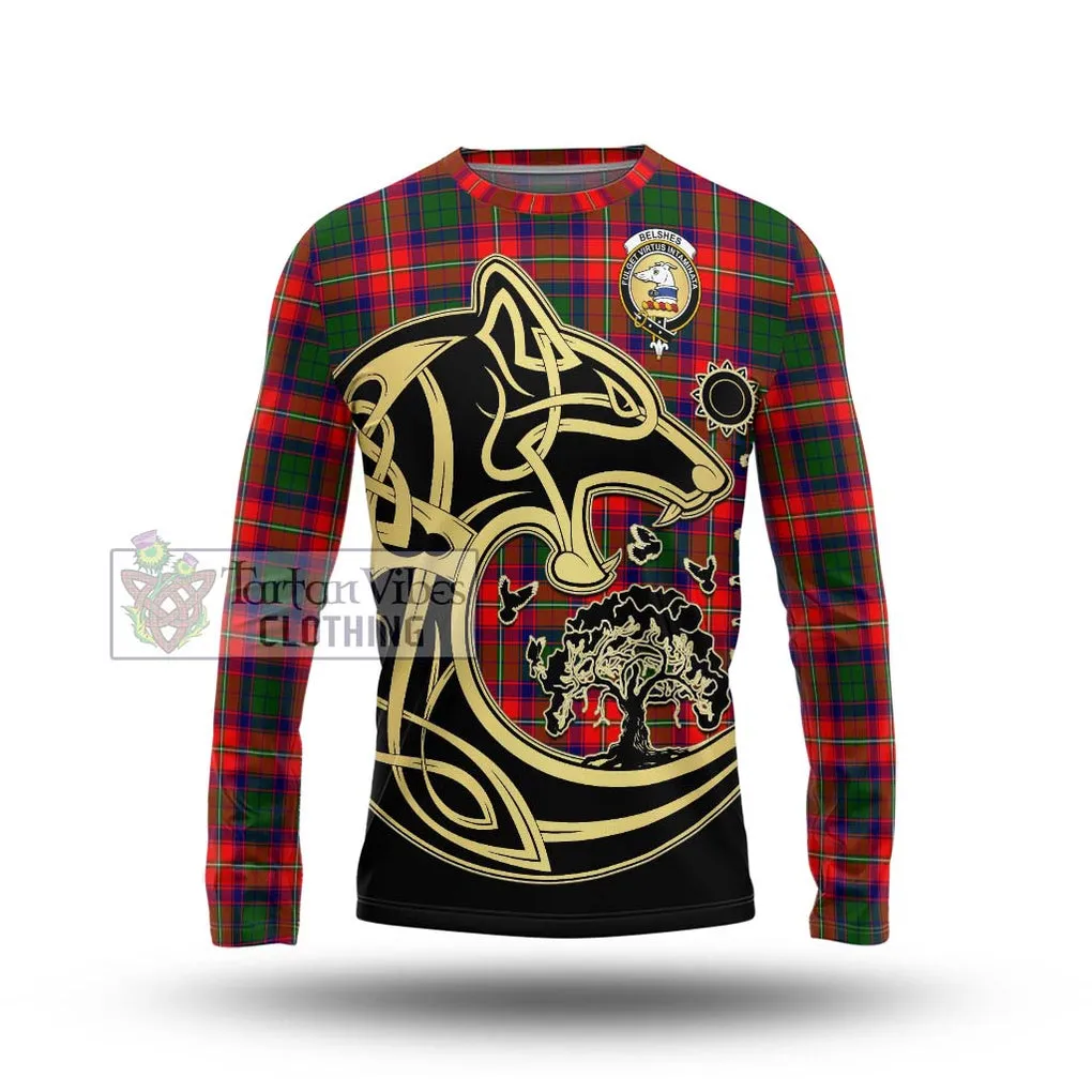 Belshes Tartan Long Sleeve T-Shirt with Family Crest Celtic Wolf Style