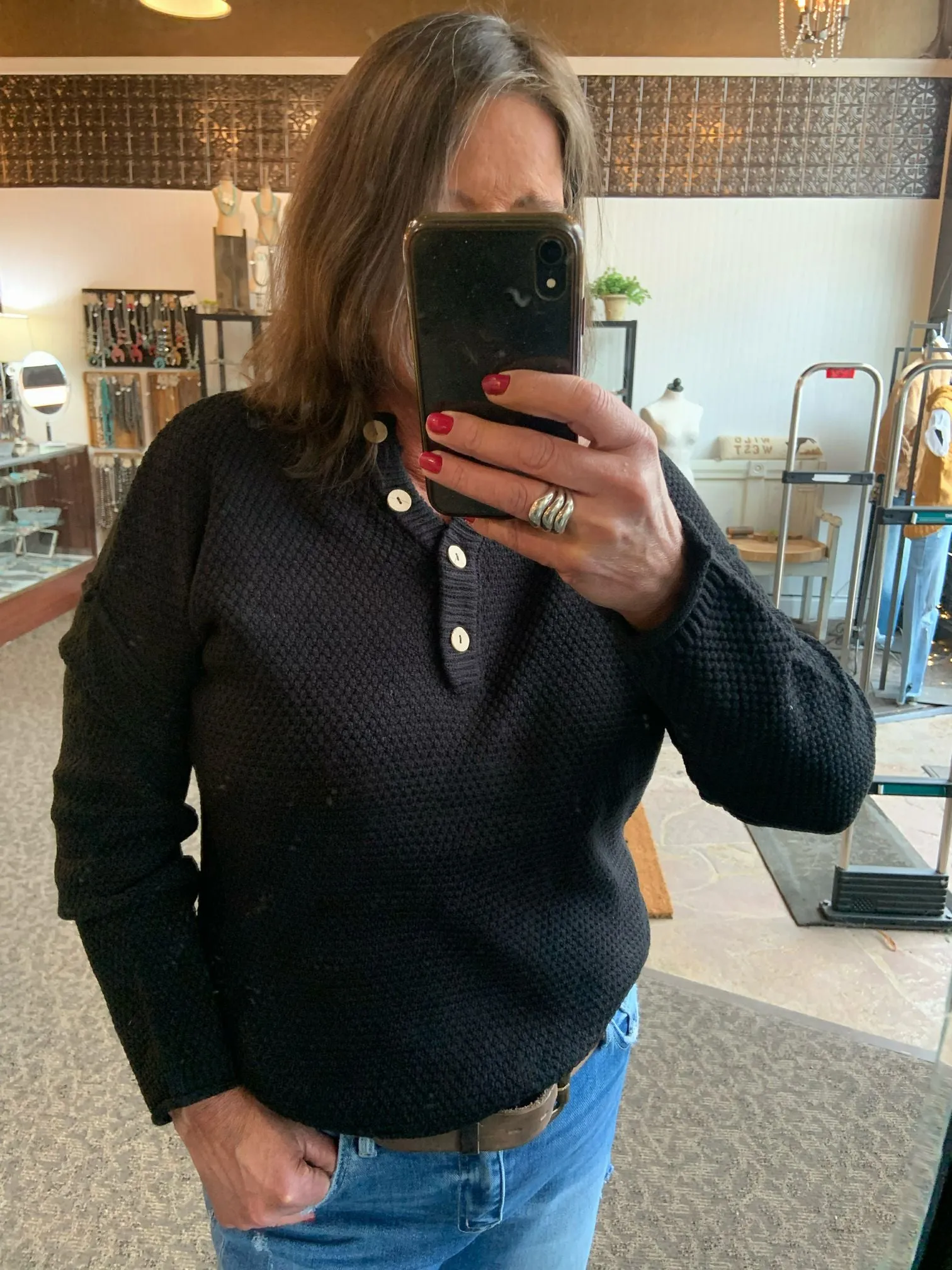 Black Henley Button Sweater- S/M to 2X/3X