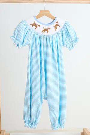 Blue puppy hand smocked girl romper