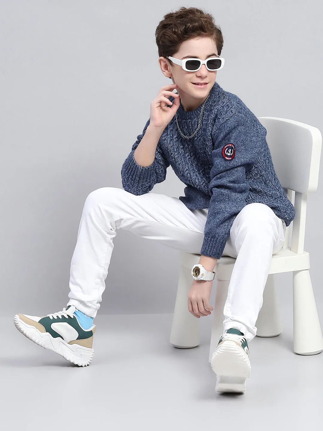 Boys Blue Self Design Round Neck Full Sleeve Pullover