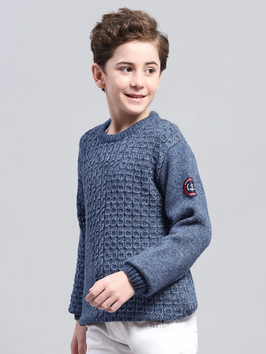 Boys Blue Self Design Round Neck Full Sleeve Pullover