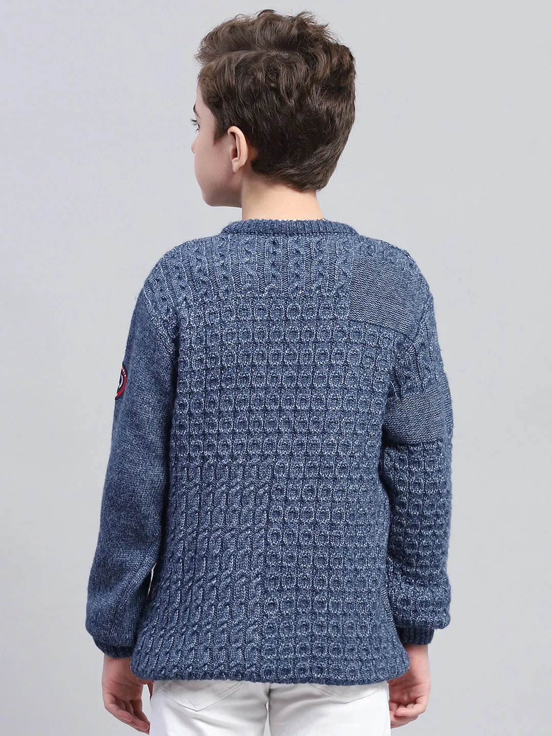 Boys Blue Self Design Round Neck Full Sleeve Pullover