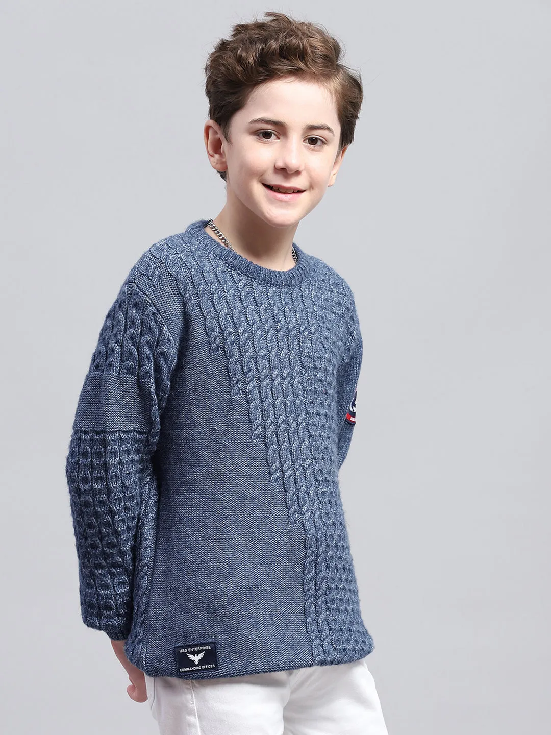 Boys Blue Self Design Round Neck Full Sleeve Pullover