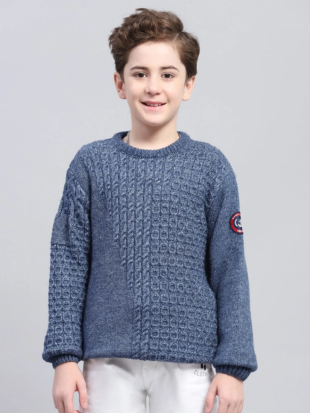 Boys Blue Self Design Round Neck Full Sleeve Pullover