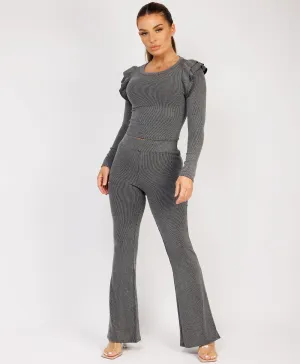 Charcoal Grey Ribbed Frill Shoulder Long Sleeve Top & Flared Trouser Set