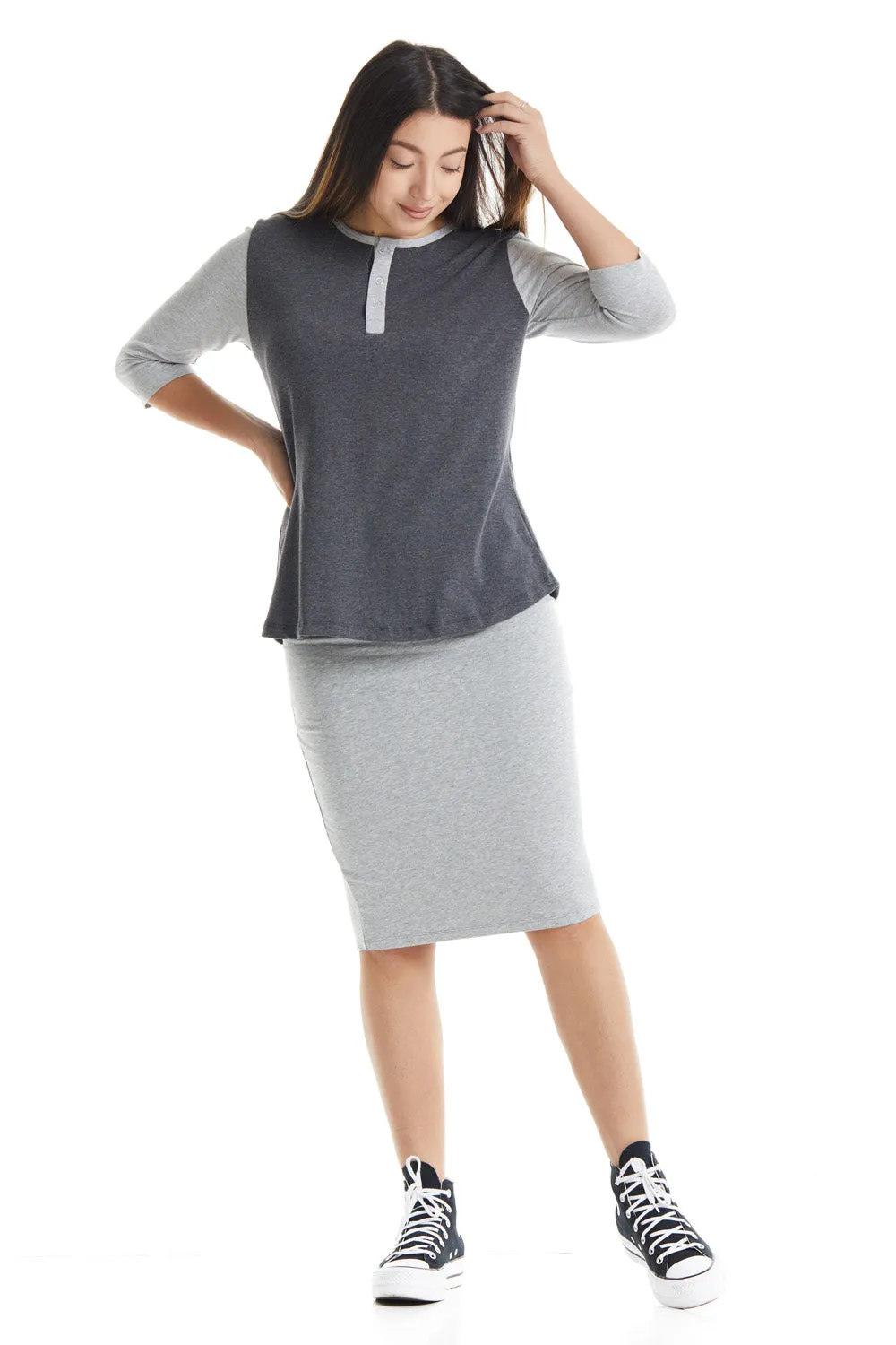 Charcoal/Heather Grey 3/4 Sleeve Cotton Henley Shirt for Women