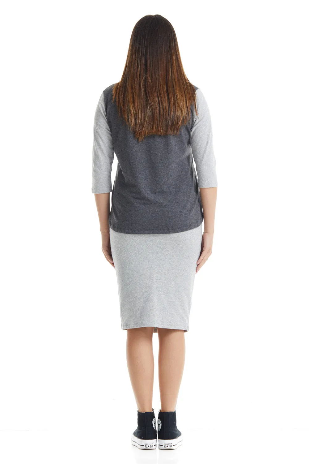 Charcoal/Heather Grey 3/4 Sleeve Cotton Henley Shirt for Women