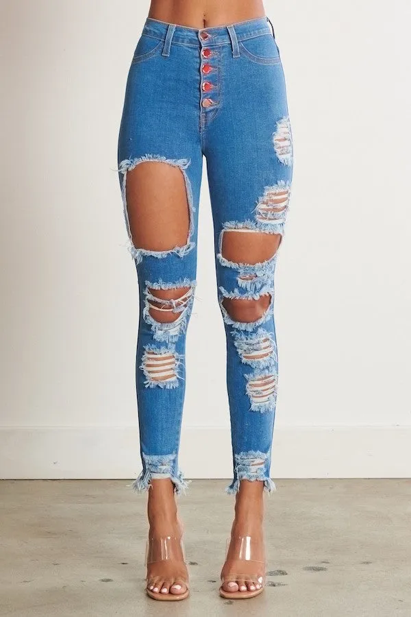 Classic 5 Button Distressed Skinny Jeans