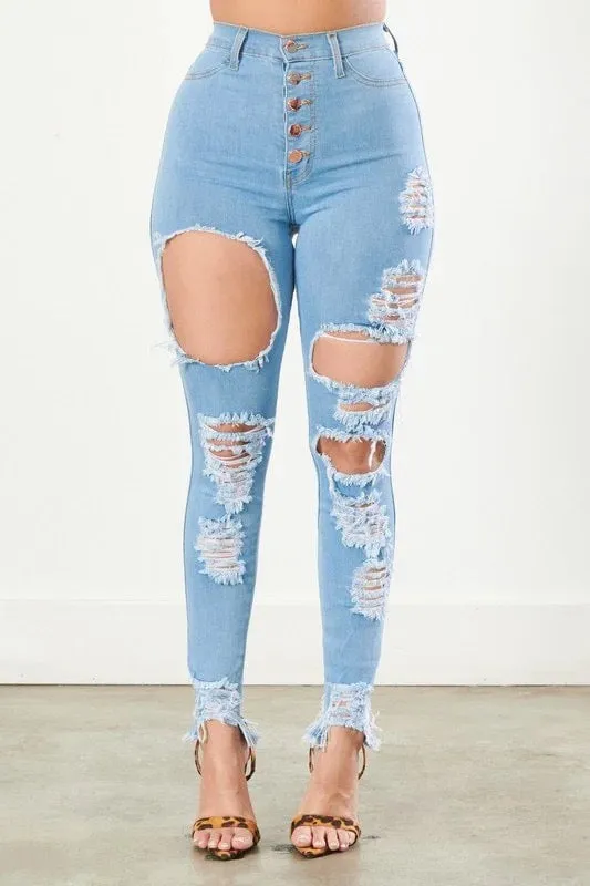 Classic 5 Button Distressed Skinny Jeans