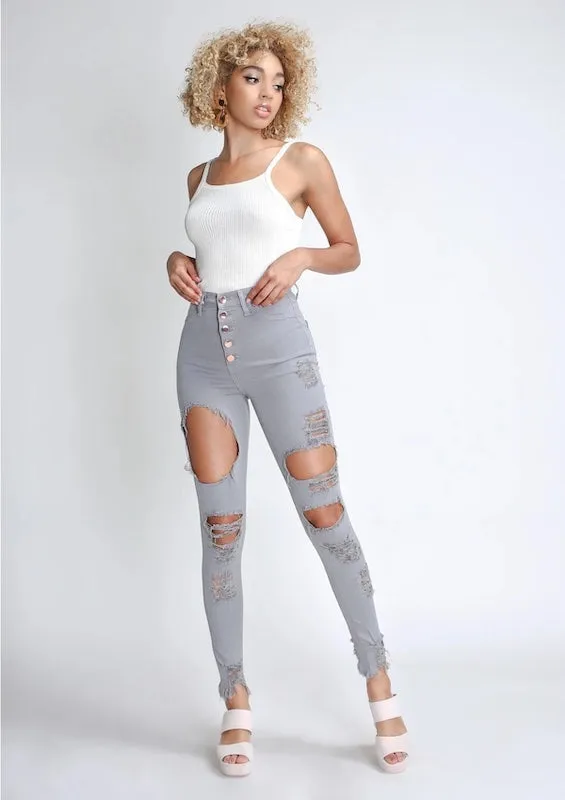 Classic 5 Button Distressed Skinny Jeans