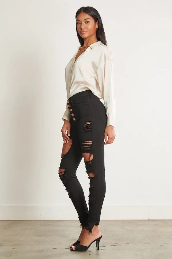 Classic 5 Button Distressed Skinny Jeans