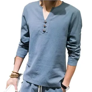 Cotton Long Sleeve T-shirt with Three Button Detail