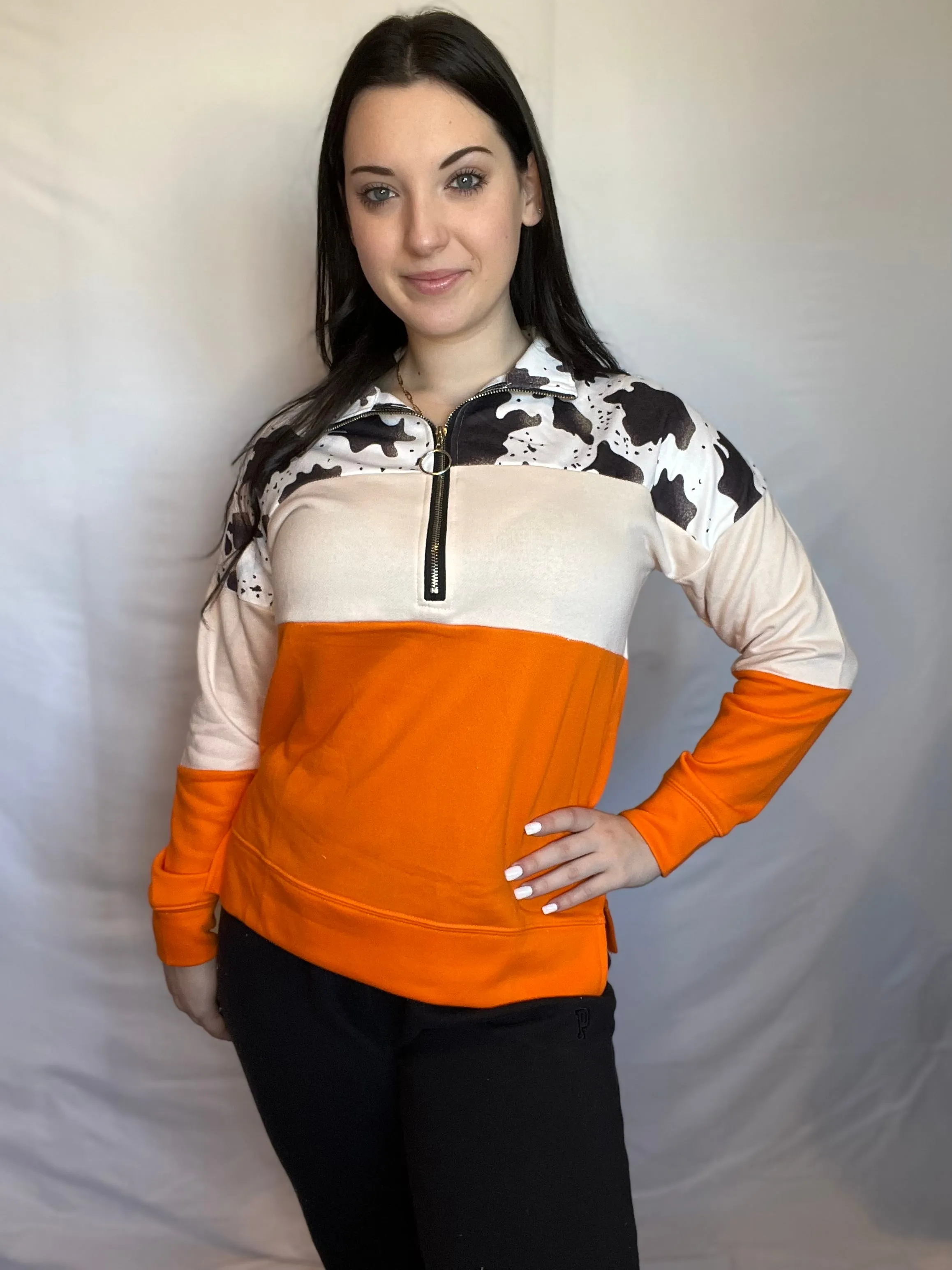 Cow colorblock half zip pullover