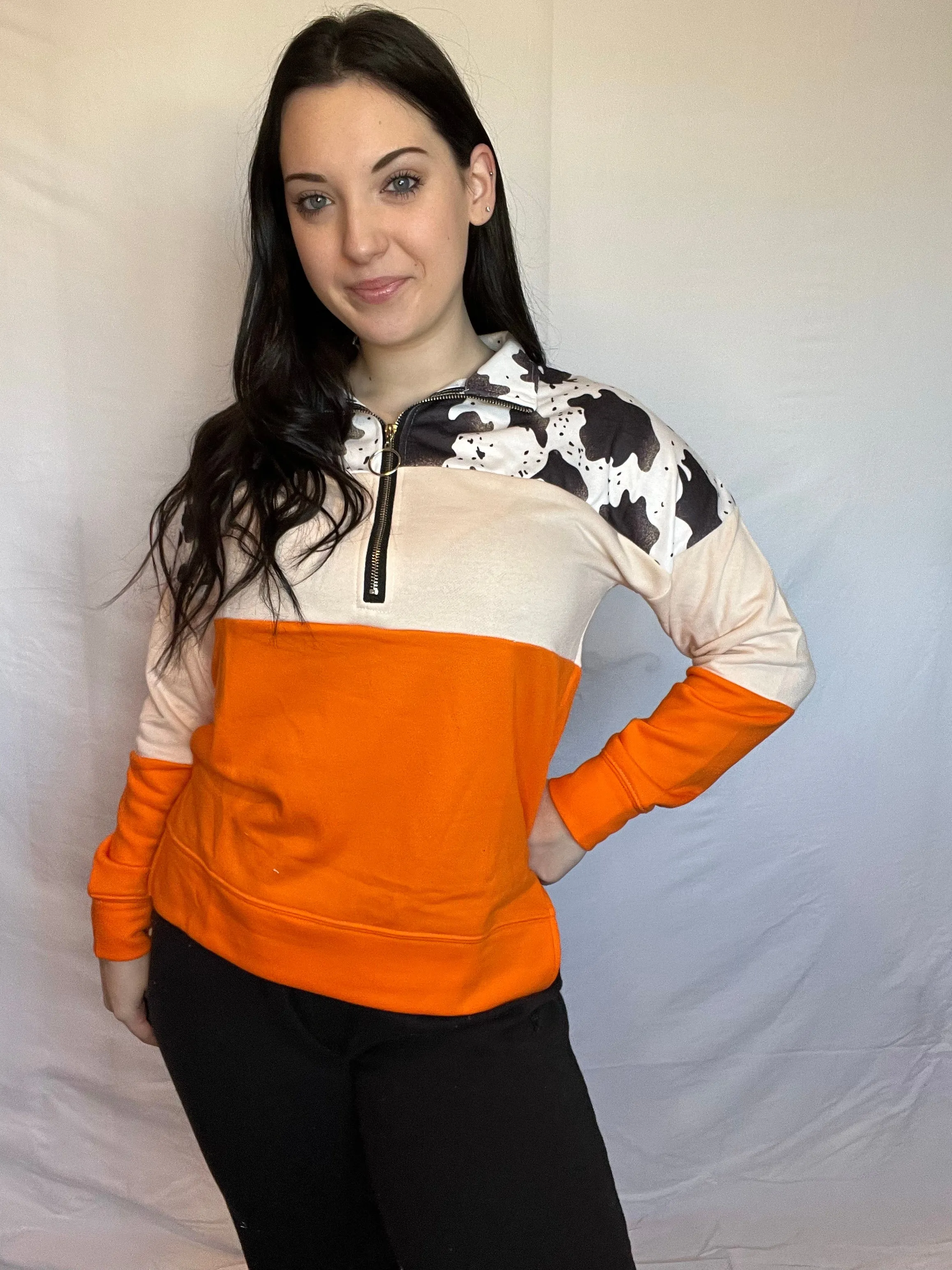 Cow colorblock half zip pullover