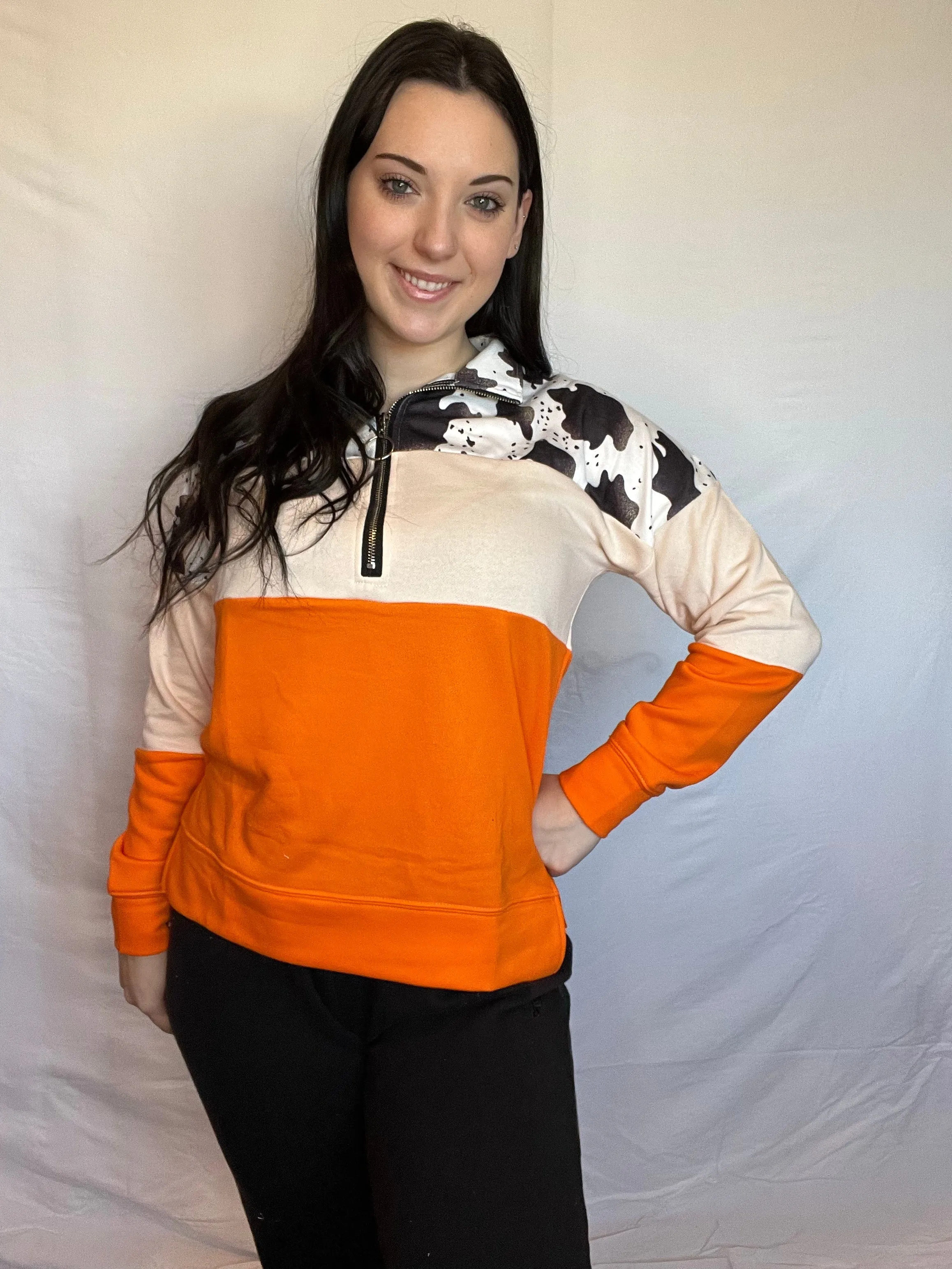 Cow colorblock half zip pullover