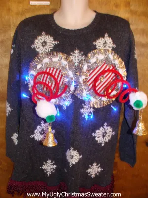 Crazy 80s Snowflake Themed Naughty Ugly Christmas Sweater with Lights