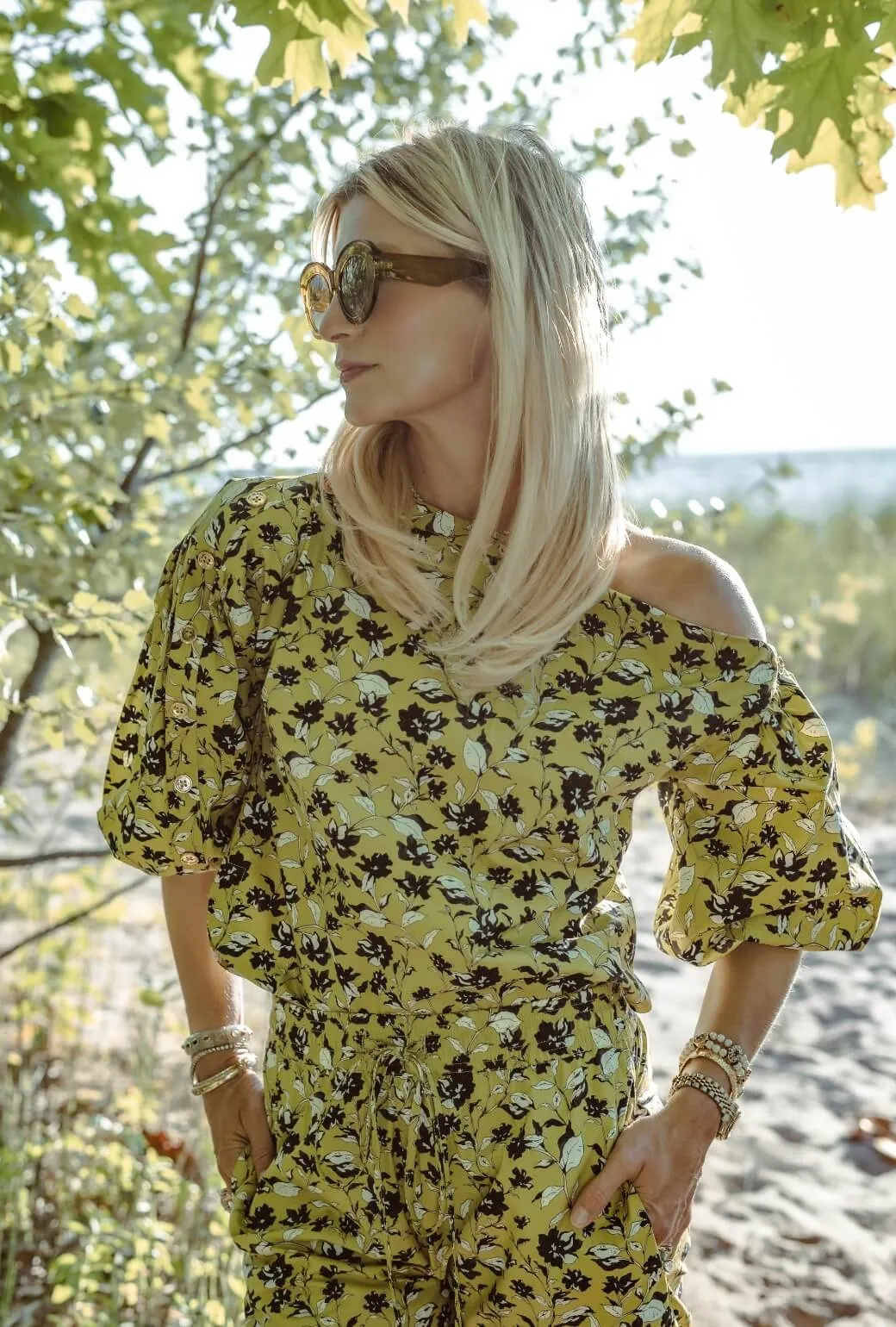 Cropped Button Sleeve Blouse - Chartreuse Floral