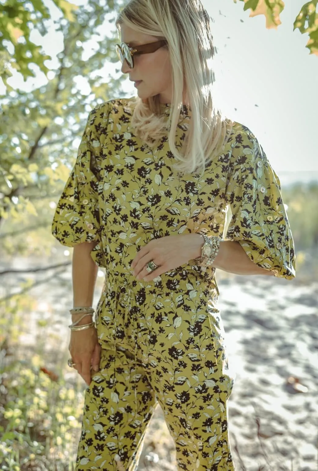 Cropped Button Sleeve Blouse - Chartreuse Floral