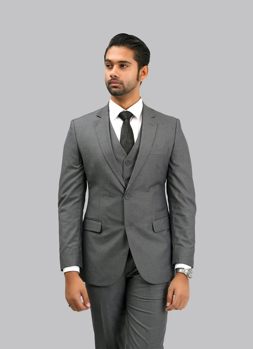 Dark Grey Plain Plain 3-Piece Suit