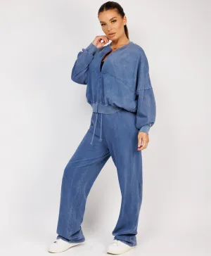 Denim Blue Stonewashed Zipped Bomber Jacket & Joggers Loungewear Set