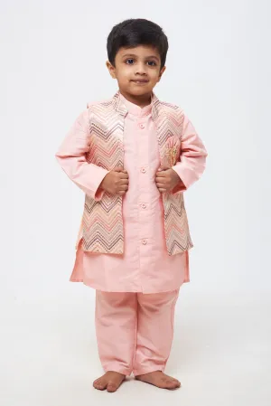 Elegant Ensemble: Boys Pink Kurta and Pant with Overcoat Jacket Sequin Embroidered