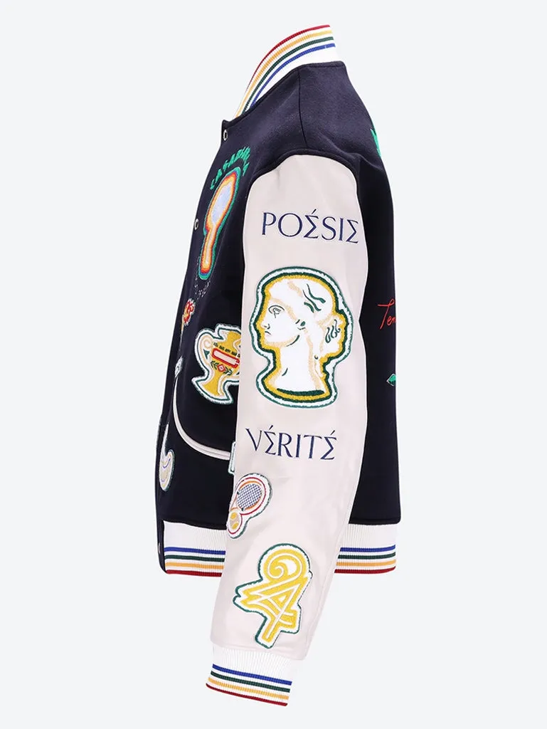 Embroidered patchwork bomber jacket