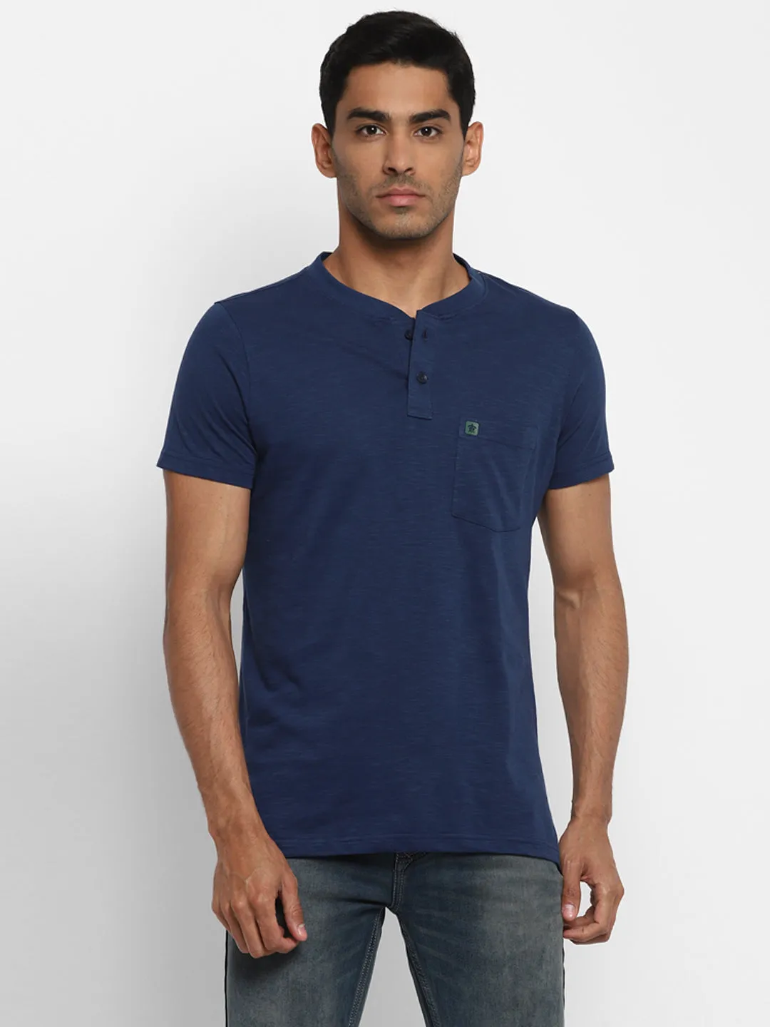 Essentials Navy Solid Henley Neck T-Shirt