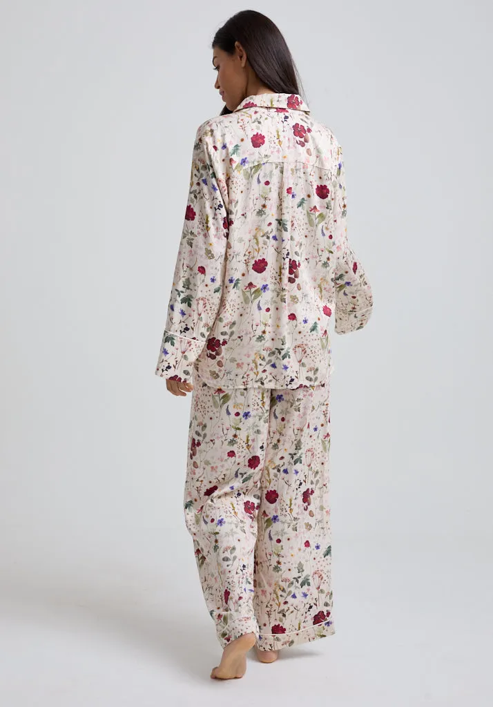 Evie Long Sleeve Pressed Floral Print Pyjama Set In Cream