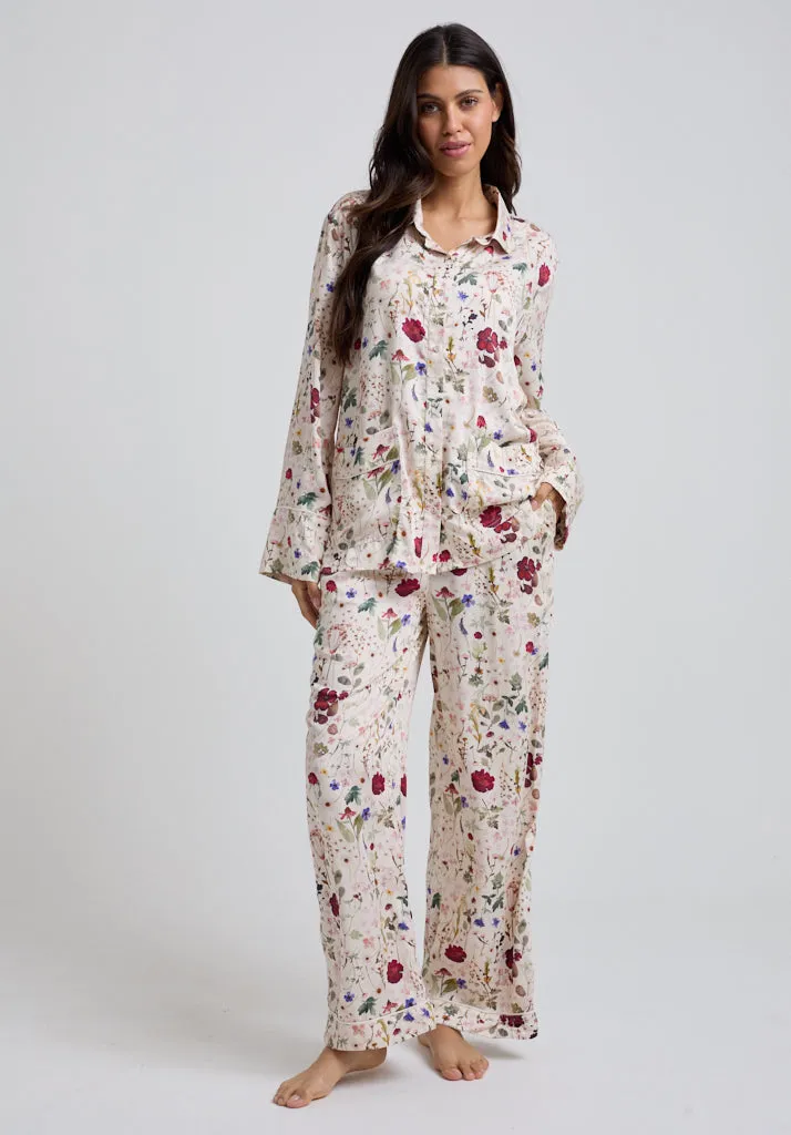 Evie Long Sleeve Pressed Floral Print Pyjama Set In Cream