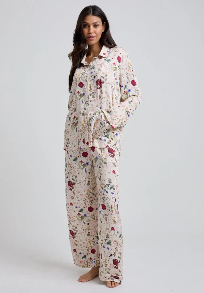 Evie Long Sleeve Pressed Floral Print Pyjama Set In Cream