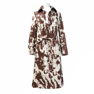 Faux Suede Brown Cow Print Trench Coat