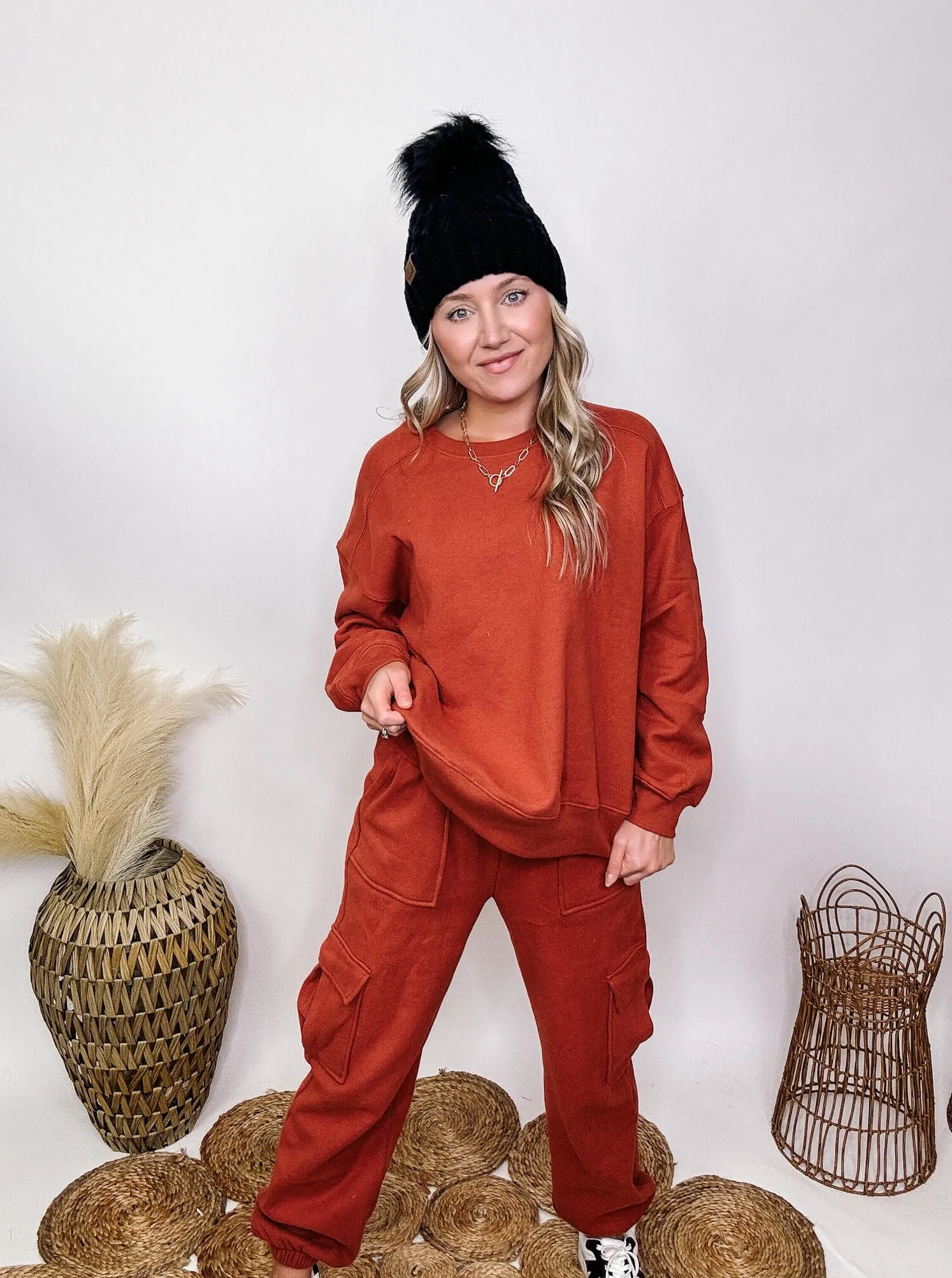 Fleece Lined Pullover Sweatshirt in Baked Clay