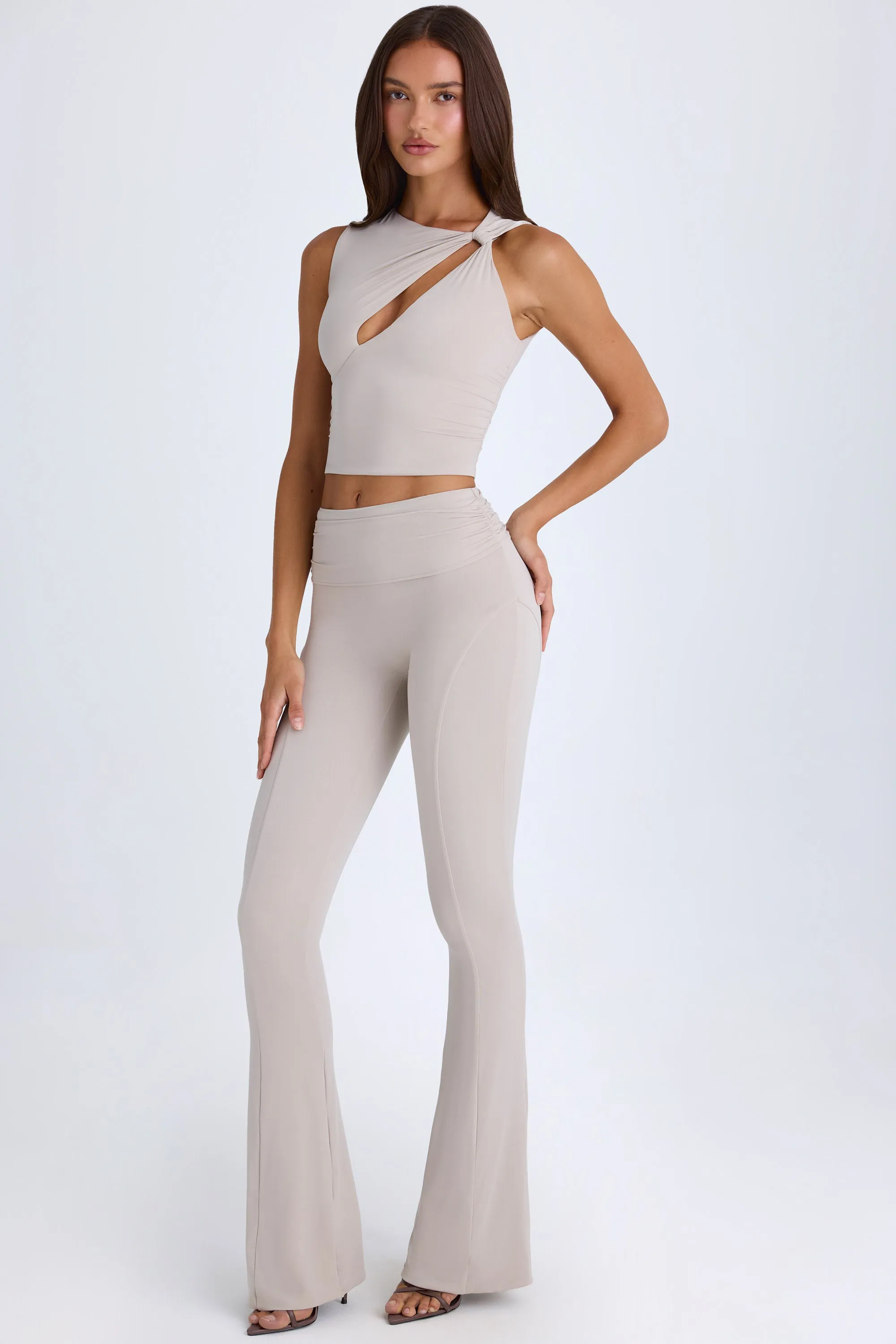 Foldover Flared Trousers in Taupe