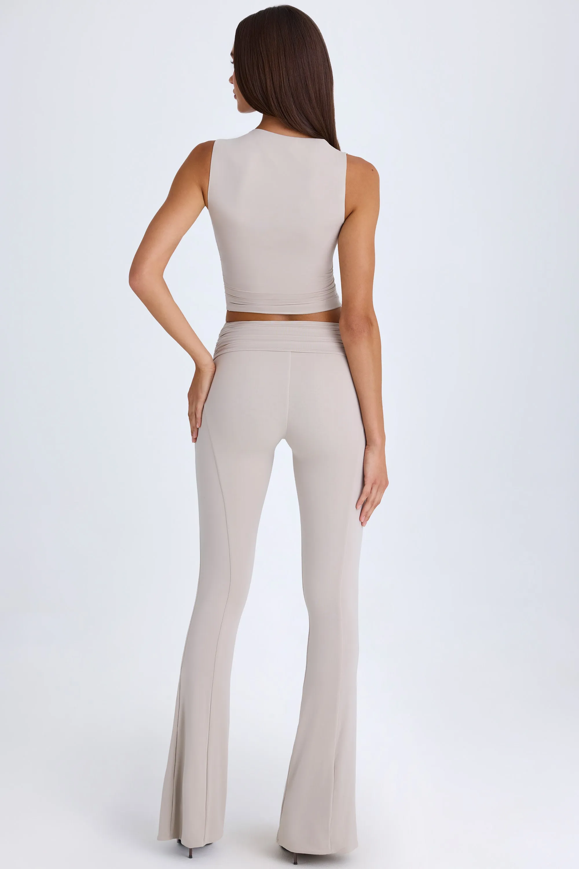 Foldover Flared Trousers in Taupe