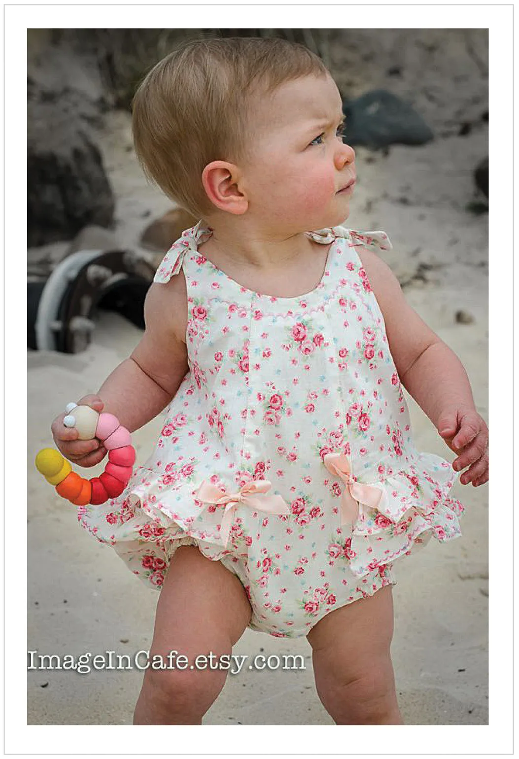 Frilly baby romper pdf sewing pattern ROSEBUD Romper baby sizes 3 months to 3 years.