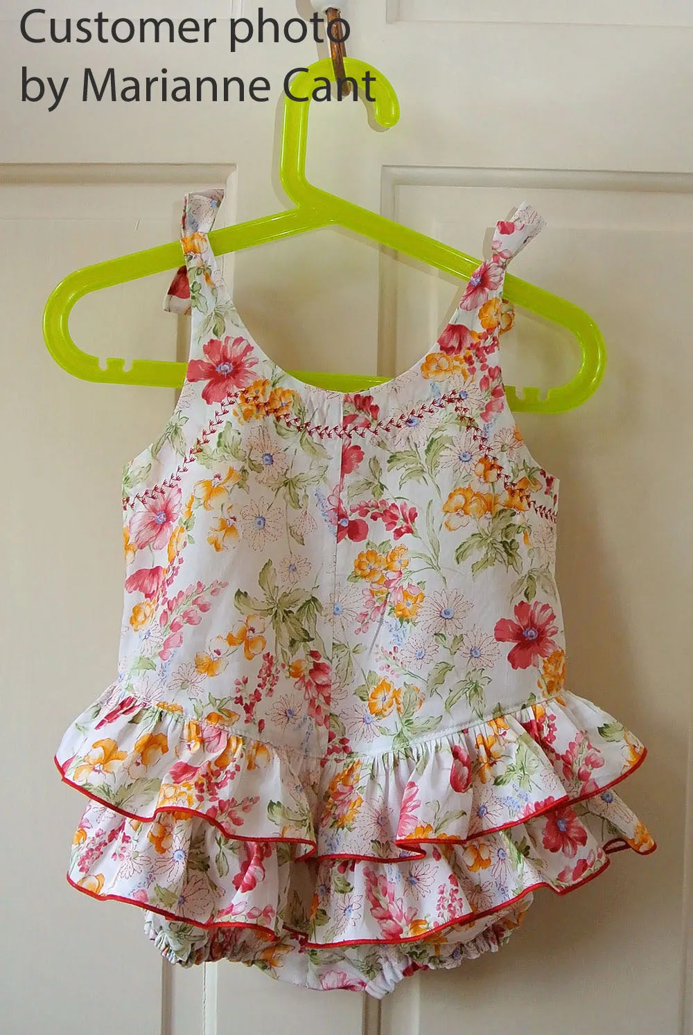 Frilly baby romper pdf sewing pattern ROSEBUD Romper baby sizes 3 months to 3 years.