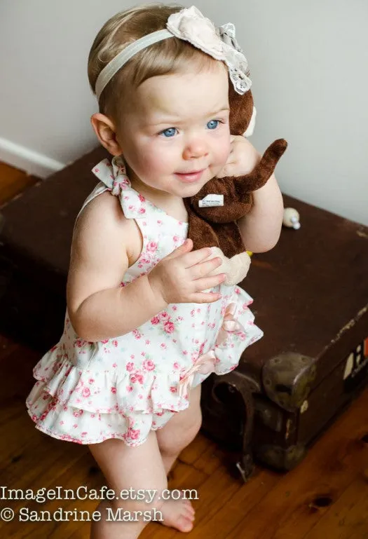 Frilly baby romper pdf sewing pattern ROSEBUD Romper baby sizes 3 months to 3 years.