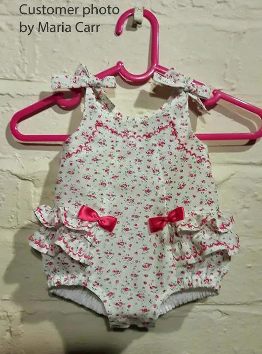 Frilly baby romper pdf sewing pattern ROSEBUD Romper baby sizes 3 months to 3 years.