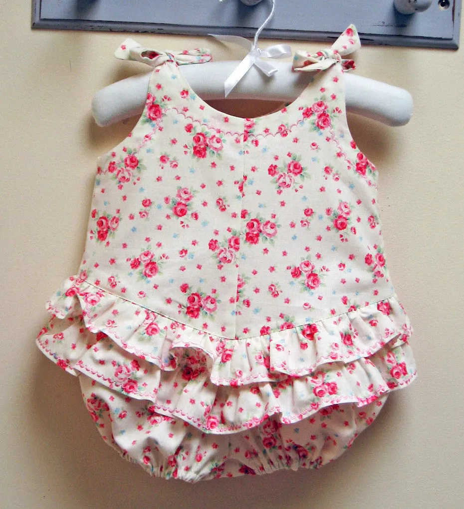 Frilly baby romper pdf sewing pattern ROSEBUD Romper baby sizes 3 months to 3 years.