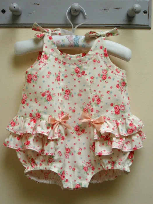 Frilly baby romper pdf sewing pattern ROSEBUD Romper baby sizes 3 months to 3 years.