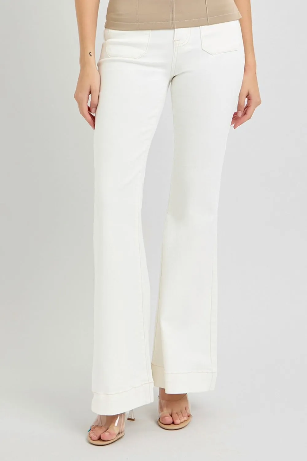 Full Size High Rise Front Patch Pocket White Flare Jeans