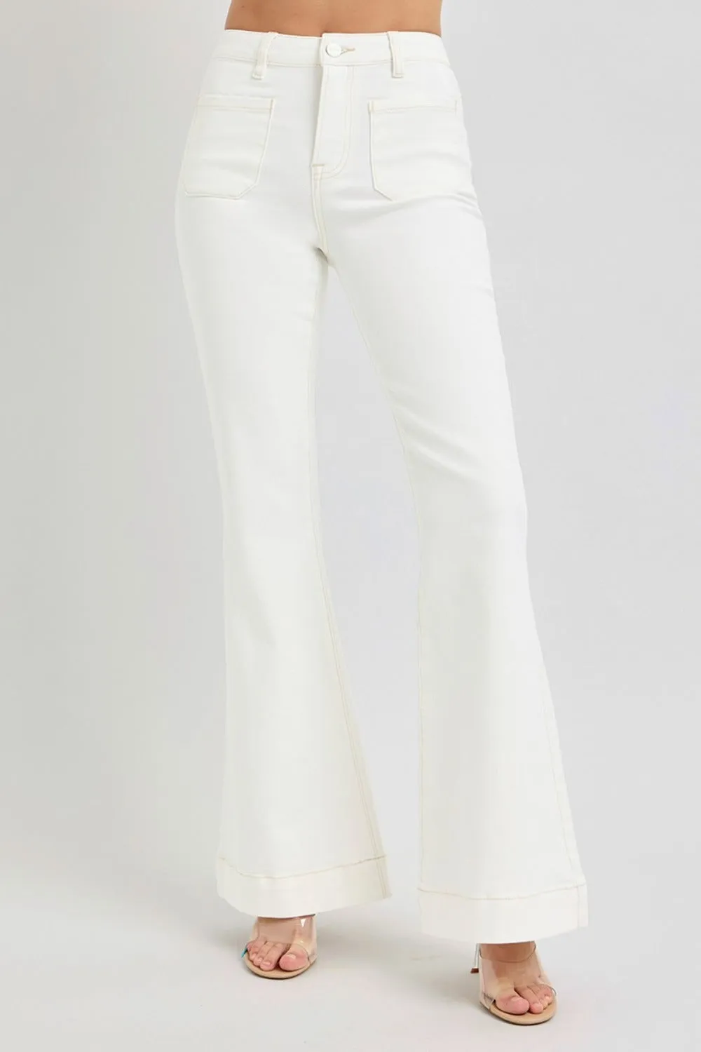 Full Size High Rise Front Patch Pocket White Flare Jeans