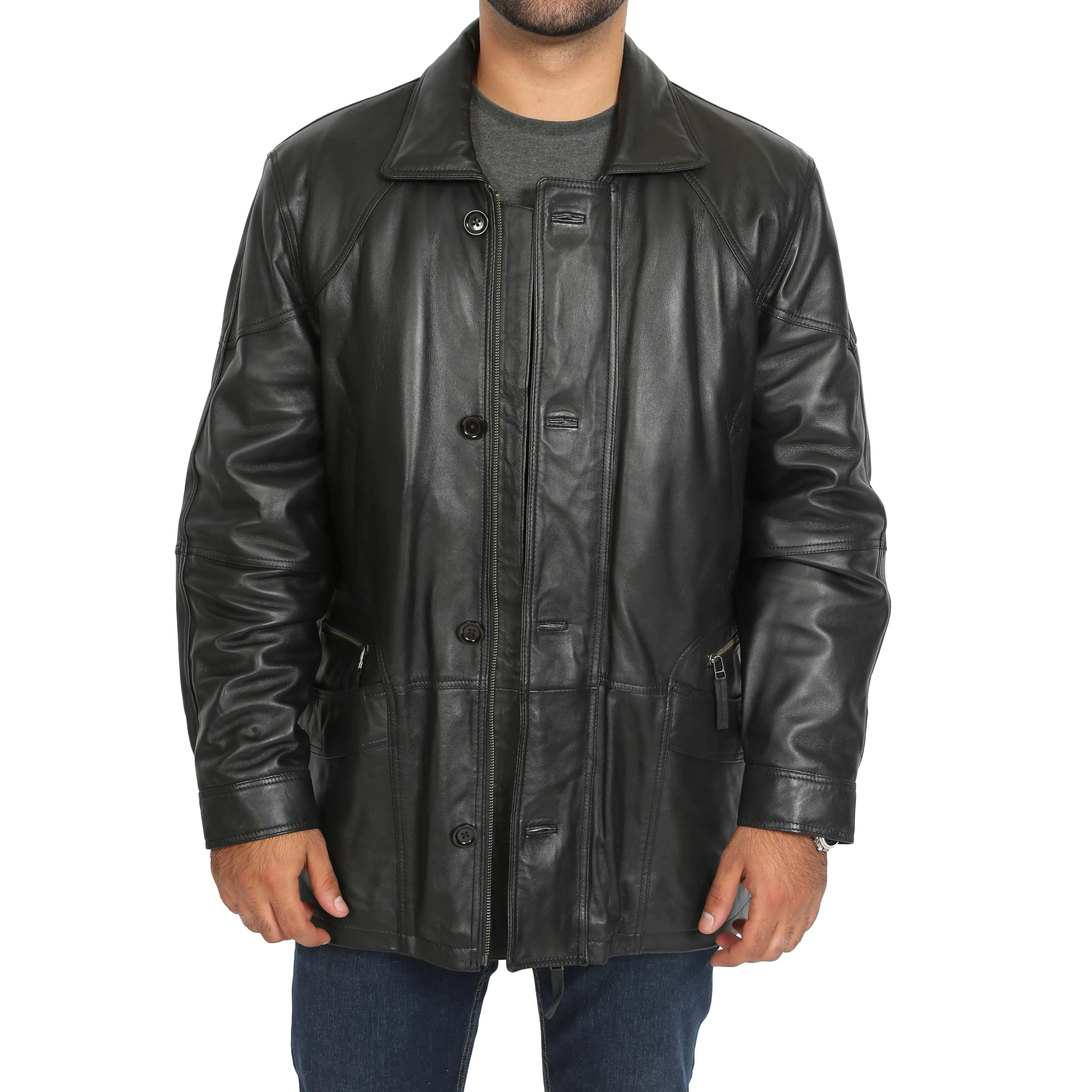 Gents Classic Soft Leather Parka Overcoat Clive Black