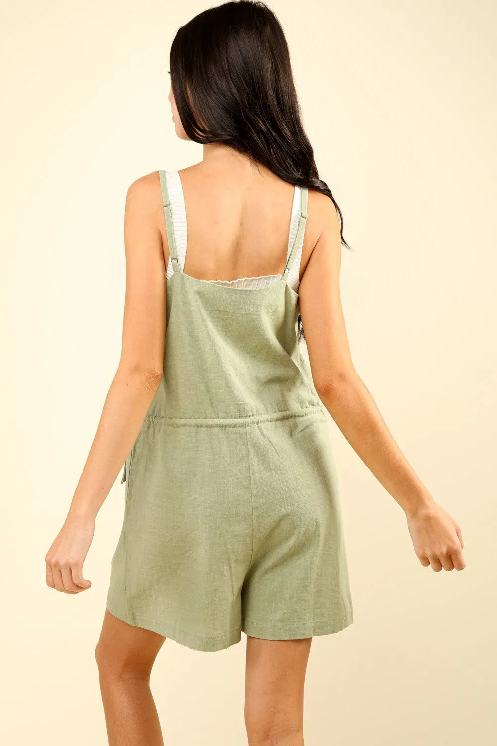 Half Button Drawstring Sleeveless Romper