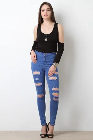 High Waisted Two Pockets Distress Jeans