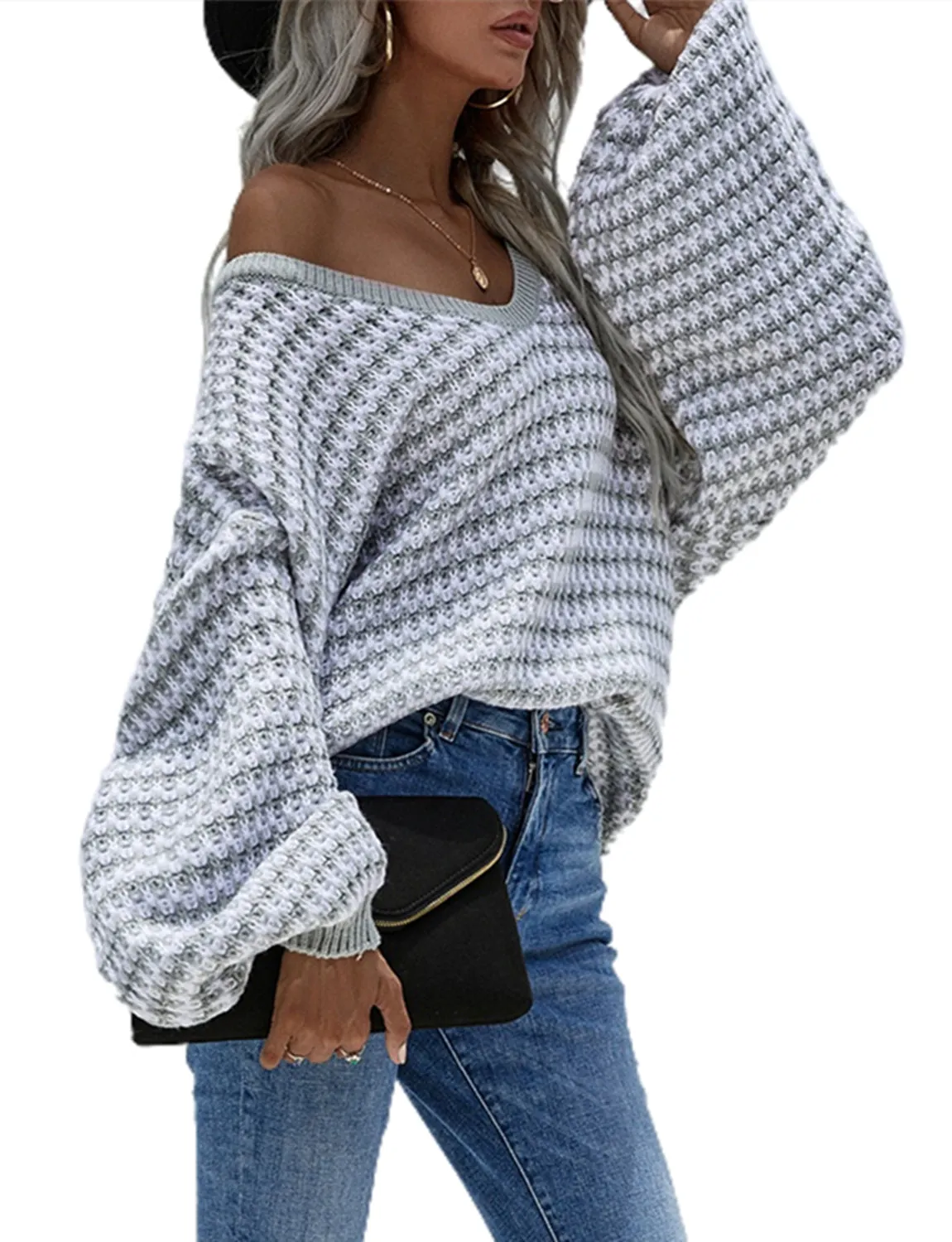 iB-iP Women's Dropped Shoulder Loose Casual Long Sleeve Pullover Sweater Cozy Top